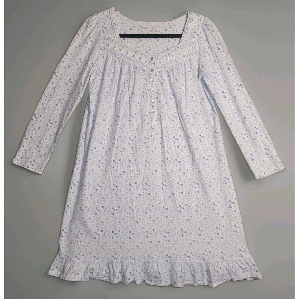 Eileen West White/Blue Floral Flannel Nightgown 100% Cotton Women's Sz S Modest